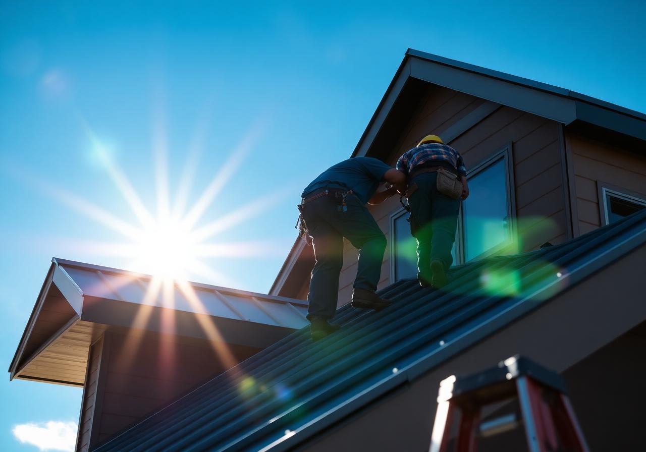 Crew installing standing seam metal roof on Colorado home