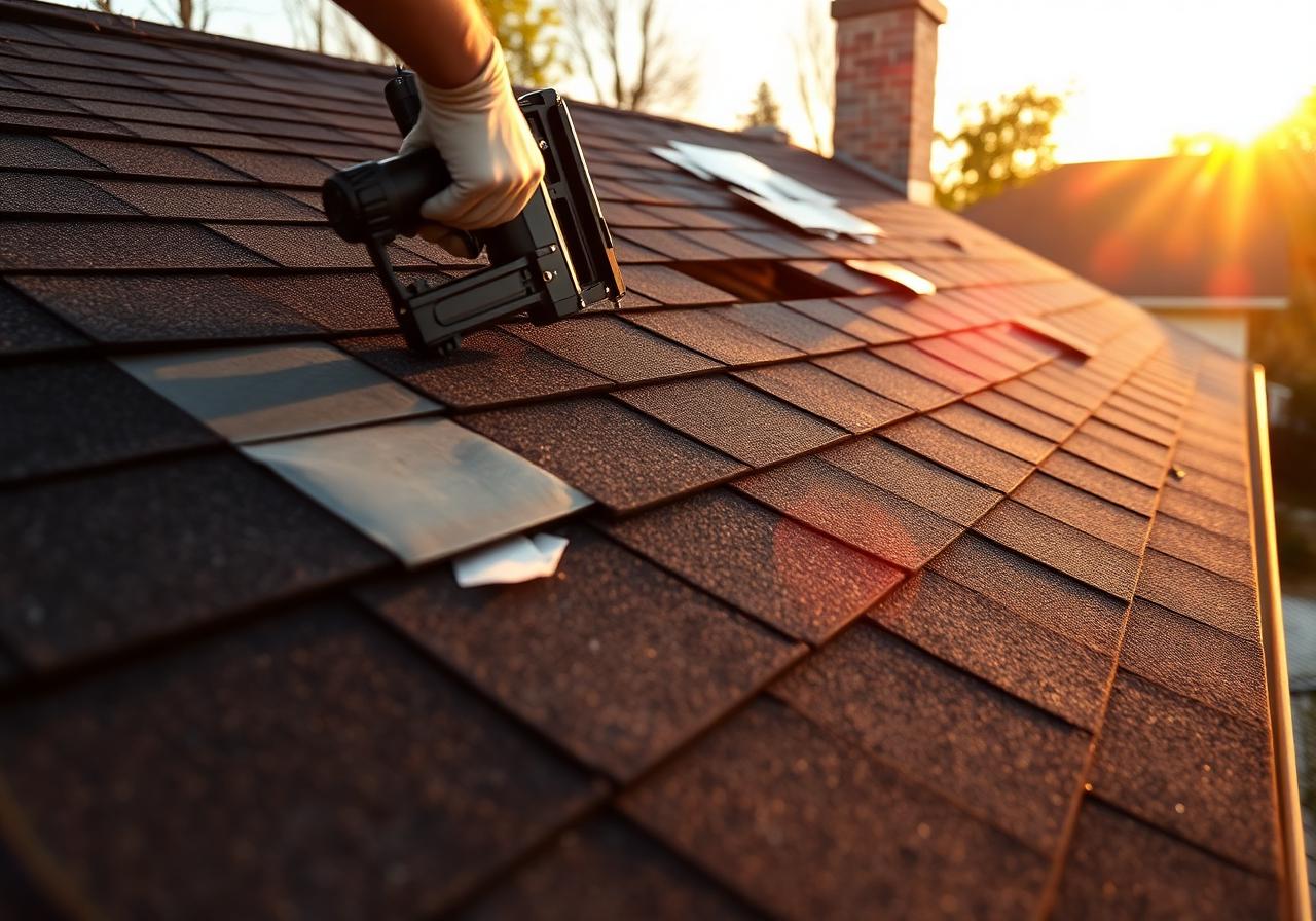 Asphalt shingle installation with nail gun at golden hour
