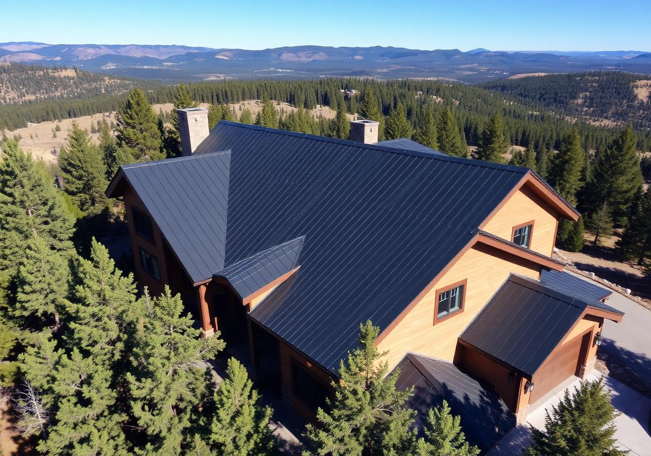 Aerial view of dark standing seam metal roof on mountain home