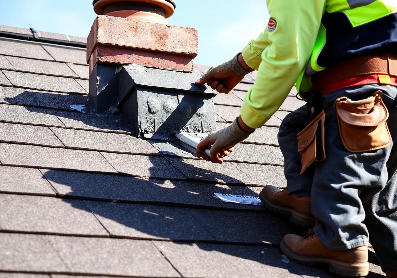 Roofer rebuilding chimney flashing on shingle roof